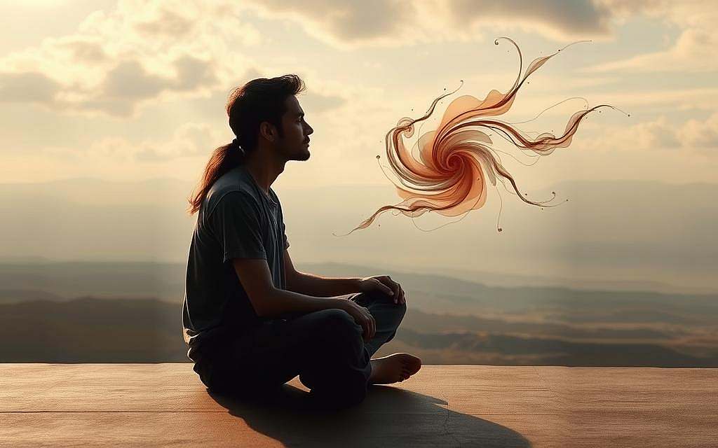 A serene, contemplative scene depicting the interplay between beliefs and emotions. In the foreground, a thoughtful figure sits cross-legged, eyes closed, hands resting calmly in their lap. Soft light filters through wispy clouds, casting a warm, diffused glow. In the middle ground, abstract shapes and forms representing beliefs and emotions swirl and flow, their interaction creating a captivating visual symphony. The background features a vast, limitless landscape, hinting at the expansive nature of the inner world. Muted tones of earth, sky, and spirit predominate, conveying a sense of introspection and tranquility. The overall composition evokes a profound exploration of the self, where beliefs and emotions intersect to shape our lived experience.