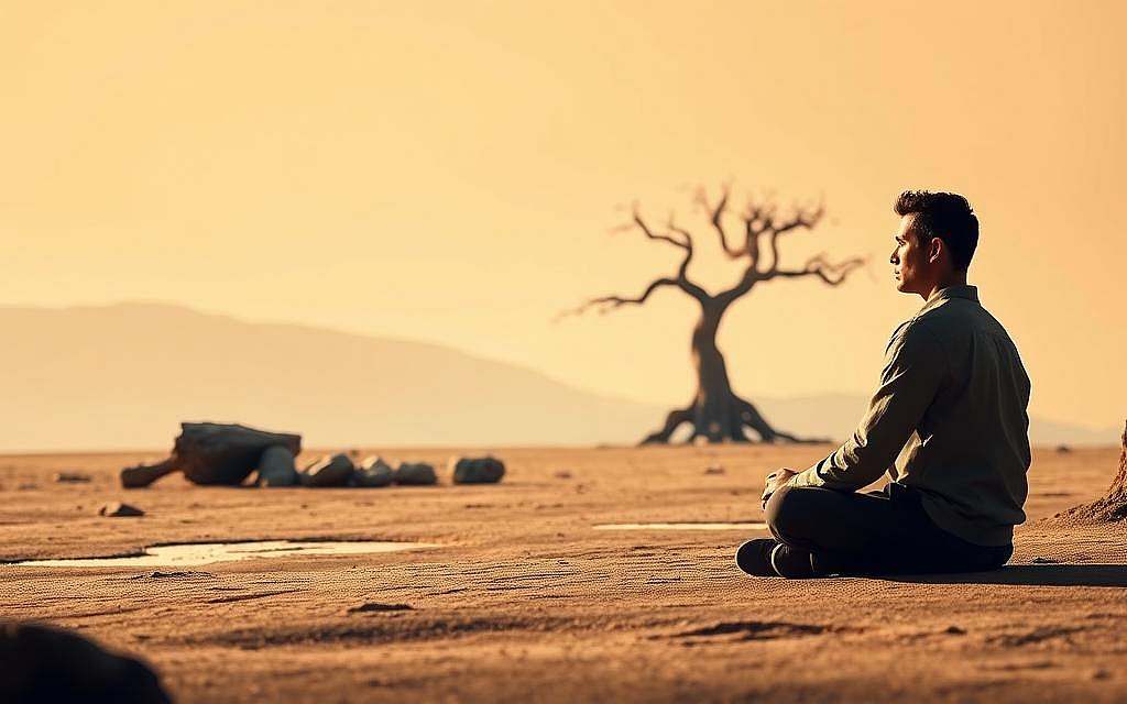 A serene, contemplative scene depicting the philosophical concept of "Stoic Ethics and Emotions". In the foreground, a pensive figure sits cross-legged, their face tranquil and unwavering, embodying the Stoic ideal of emotional control and equanimity. The middle ground features a minimalist, Zen-inspired landscape with a simple rock garden and a lone, gnarled tree, symbolizing the Stoic emphasis on living in harmony with nature. The background is bathed in a warm, golden light, creating a sense of timelessness and inner calm. The overall composition conveys a balance between the rational and the emotional, suggesting the Stoic belief that true virtue lies in the mastery of one's passions through reason and self-discipline.