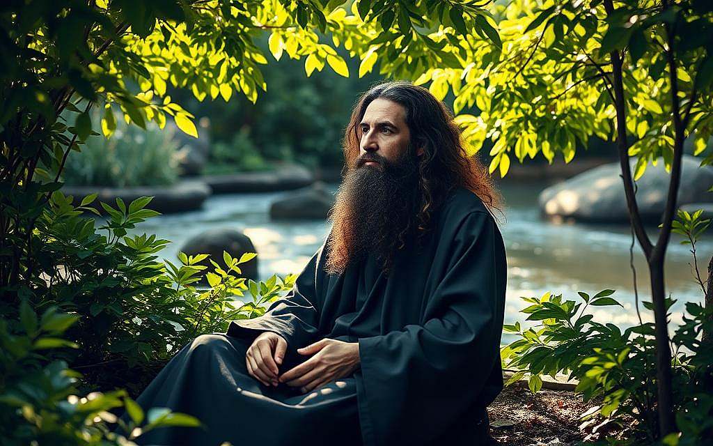 A serene, contemplative scene of Baruch Spinoza seated in a tranquil garden, immersed in deep philosophical contemplation. The philosopher is surrounded by lush, verdant foliage, with dappled sunlight filtering through the leaves, casting a warm, spiritual glow. In the background, a flowing stream or pond reflects the natural world, symbolizing Spinoza's unity of God and nature. Spinoza's expression is one of profound inner peace and enlightenment, capturing the essence of his influential spiritual worldview. The composition is balanced and harmonious, conveying a sense of timelessness and the timeless wisdom of Spinoza's insights. A serene, contemplative scene of Baruch Spinoza seated in a tranquil garden, immersed in deep philosophical contemplation. The philosopher is surrounded by lush, verdant foliage, with dappled sunlight filtering through the leaves, casting a warm, spiritual glow. In the background, a flowing stream or pond reflects the natural world, symbolizing Spinoza's unity of God and nature. Spinoza's expression is one of profound inner peace and enlightenment, capturing the essence of his influential spiritual worldview. The composition is balanced and harmonious, conveying a sense of timelessness and the timeless wisdom of Spinoza's insights.