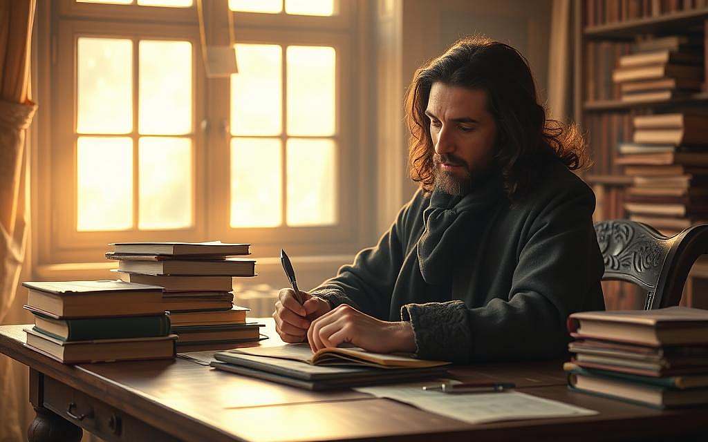 A serene, contemplative scene of Baruch Spinoza, the renowned 17th-century philosopher, deep in thought as he ponders the intricacies of his political philosophy. The image depicts Spinoza seated at a wooden desk, surrounded by stacks of books and parchments, bathed in warm, natural lighting filtering through a large window. The scene conveys a sense of intellectual rigor and philosophical inquiry, with Spinoza's brow furrowed in concentration, his quill poised over a page, capturing the essence of his groundbreaking ideas on tolerance and democracy. The background is hazy, suggesting a timeless, meditative quality, drawing the viewer's focus to the philosopher's contemplative visage and the work at hand. A serene, contemplative scene of Baruch Spinoza, the renowned 17th-century philosopher, deep in thought as he ponders the intricacies of his political philosophy. The image depicts Spinoza seated at a wooden desk, surrounded by stacks of books and parchments, bathed in warm, natural lighting filtering through a large window. The scene conveys a sense of intellectual rigor and philosophical inquiry, with Spinoza's brow furrowed in concentration, his quill poised over a page, capturing the essence of his groundbreaking ideas on tolerance and democracy. The background is hazy, suggesting a timeless, meditative quality, drawing the viewer's focus to the philosopher's contemplative visage and the work at hand.