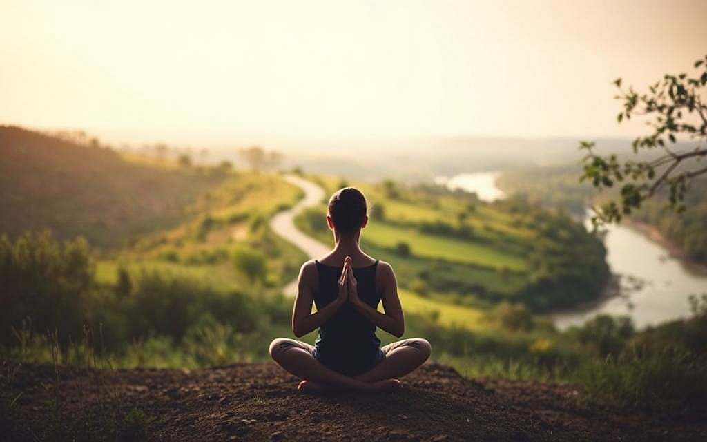 A serene, contemplative scene where the interplay of intuition and planning is visualized. In the foreground, a figure sits in a meditative pose, eyes closed, hands clasped, radiating a sense of inner calm and focus. The middle ground depicts a winding path leading into the distance, symbolizing the journey of life and the delicate balance between spontaneity and structure. In the background, a lush, verdant landscape unfolds, with a gently flowing river reflecting the sky's soft, diffused light. The overall atmosphere is one of tranquility and introspection, inviting the viewer to ponder the dynamic relationship between intuitive wisdom and deliberate strategy.