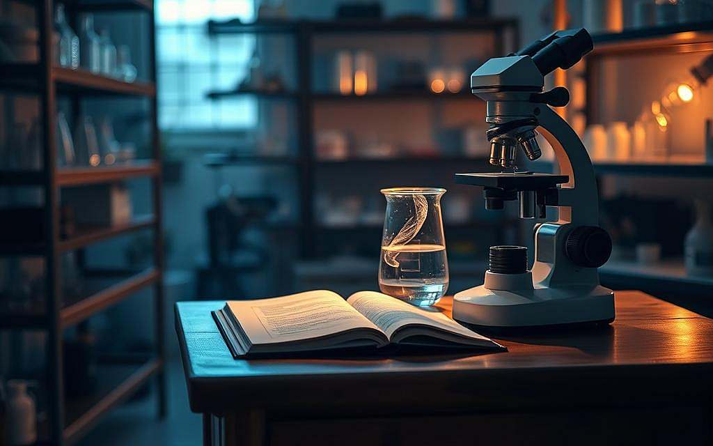 A serene, dimly-lit laboratory setting with scientific equipment and glassware on metal shelves. In the foreground, a microscope sits atop a wooden table, its lens focused on a sample slide. Soft, warm lighting illuminates the scene, casting gentle shadows and highlighting the intricate details of the scientific instruments. In the middle ground, a beaker filled with a swirling, translucent liquid sits next to an open notebook, conveying a sense of ongoing research and discovery. The background is slightly blurred, suggesting a deeper, contemplative atmosphere conducive to scientific exploration and understanding of the processes of autophagy and fasting.
