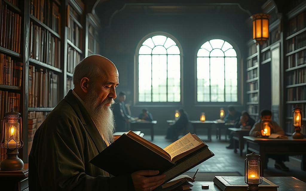 A serene, dimly lit library interior with a focus on a scholar engrossed in an ancient text, surrounded by towering bookshelves and the soft glow of oil lamps. The scholar's face is illuminated, conveying a sense of contemplation and deep learning. In the background, a group of students sit at desks, engaged in thoughtful discussion. Gentle natural light filters through high arched windows, casting a warm, reverent atmosphere over the scene. The overall impression is one of intellectual pursuit, personal growth, and the Confucian ideals of self-cultivation through education.