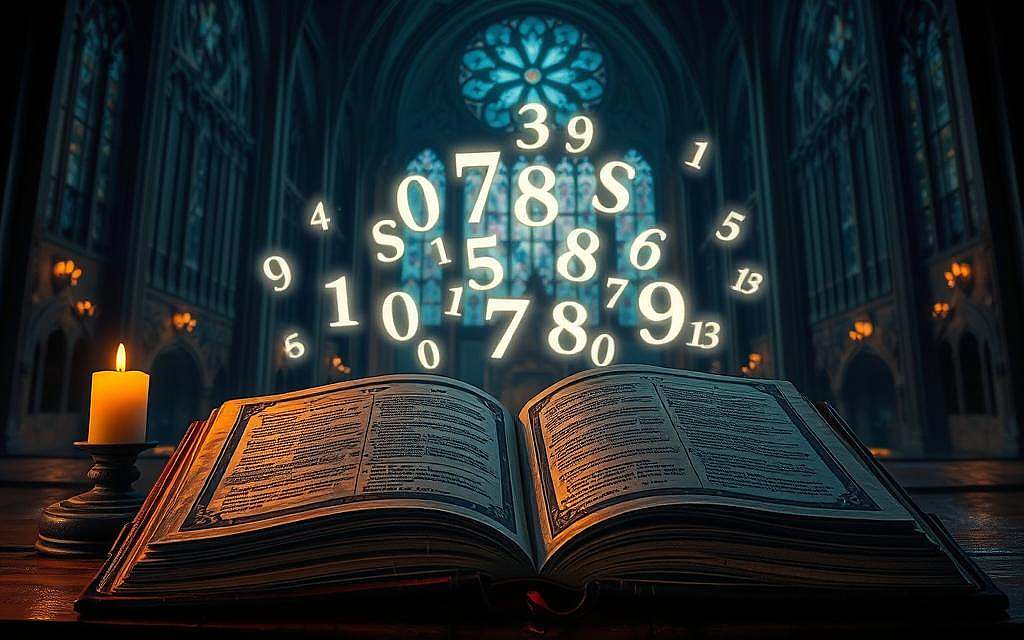 A serene, dimly lit scene depicting the symbolic interconnectedness of numbers, mysticism, and the sciences. In the foreground, a weathered, leather-bound tome lies open, its pages illuminated by the soft glow of candlelight, revealing intricate geometric patterns and arcane symbols. The middle ground features a floating array of numerals, each one enveloped in a halo of ethereal light, their positions and relationships suggesting hidden mathematical harmonies. In the background, a starry night sky frames a magnificent, cathedral-like structure, its stained glass windows casting kaleidoscopic patterns across the scene, hinting at the sacred geometry that underpins the natural world. The overall atmosphere is one of contemplation, inviting the viewer to ponder the timeless mysteries that lie at the intersection of numerology, philosophy, and the pursuit of knowledge.