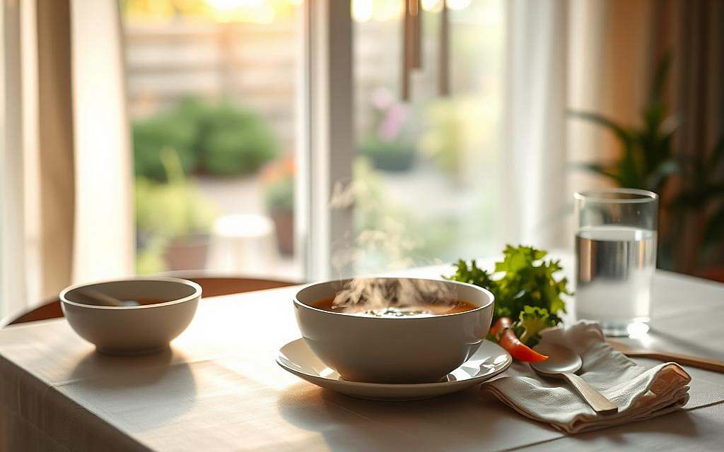 A serene dining table set with a simple, mindful meal. A steaming bowl of soup, fresh vegetables, and a glass of water. Soft natural light filters through sheer curtains, casting a warm glow. The table setting is minimal, with a linen napkin and wooden utensils. In the background, a blurred view of a tranquil garden, with the sound of gentle wind chimes. The atmosphere is one of quiet contemplation, inviting the viewer to slow down, savor each bite, and fully engage the senses. A moment of Achtsamkeit, of being present and appreciative in the act of nourishing the body.
