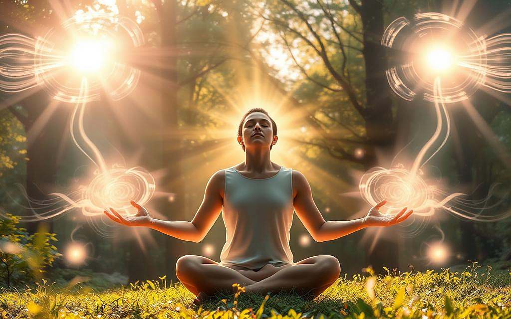 A serene, energy-infused landscape with a central figure channeling divine light. Soft, ethereal rays emanate from the figure's hands, radiating outward and intertwining with swirling energy fields. The background features a lush, verdant forest with sunbeams filtering through the canopy, creating a warm, welcoming atmosphere. The figure is positioned in a meditative pose, their eyes closed in deep concentration, emanating a sense of inner peace and spiritual connection. The composition is balanced and harmonious, with the energetic elements flowing seamlessly throughout the scene. Realistic rendering with a dreamlike, mystical quality.