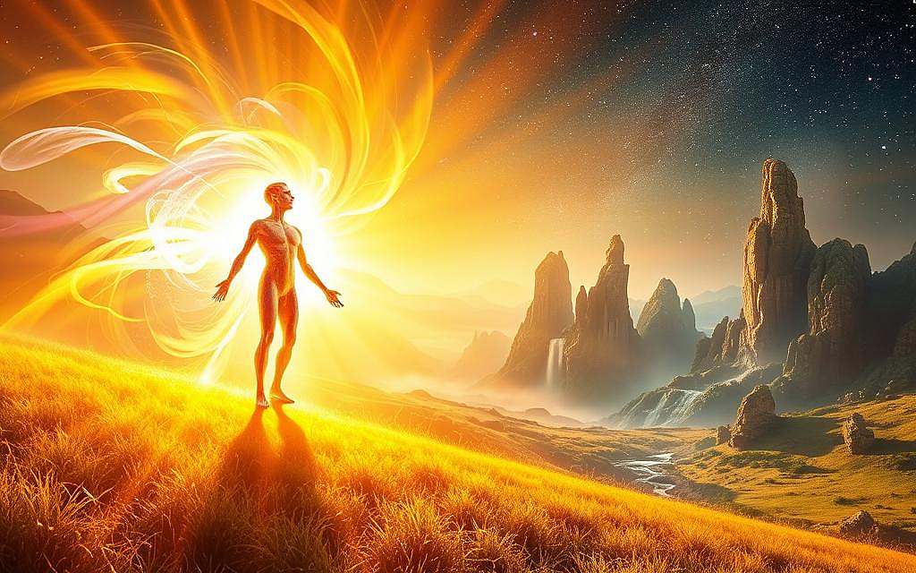 A serene, ethereal landscape bathed in warm, golden light. In the foreground, a luminous figure representing the energy of "Karmische Heilung und Transformation" emerges from a swirling vortex of colorful energy. The figure's form is fluid, shifting between human and abstract shapes, symbolizing the transformative process. In the middle ground, a lush, verdant landscape unfolds, with towering crystalline structures and flowing streams of energy. The background features a starry, celestial sky, hinting at the cosmic, spiritual nature of this healing and transformation. The overall atmosphere is one of tranquility, wonder, and the intersection of the physical and metaphysical realms.