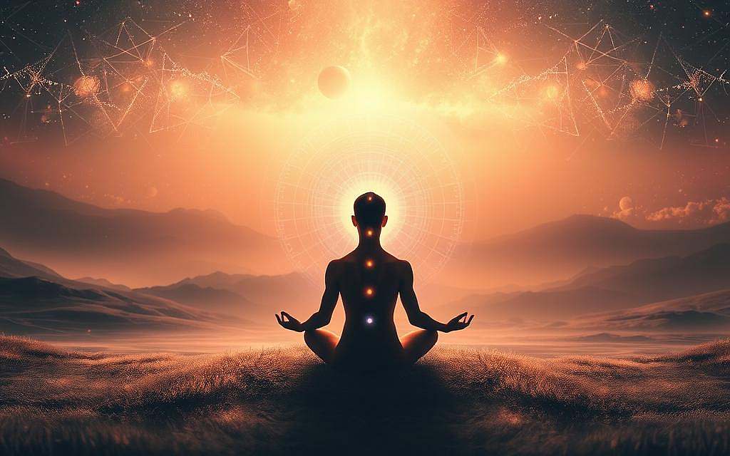 A serene, ethereal landscape illuminated by a soft, warm glow. In the foreground, a human figure sits in a meditative pose, their aura radiating waves of energy that harmonize with the surrounding frequencies. The middle ground features a network of interconnected geometric shapes and energy lines, visually representing the intricate web of bioresonance. In the background, a shimmering, otherworldly skyscape with hints of celestial bodies and cosmic energies. Lighting is subtle and diffuse, creating a calming, contemplative atmosphere. The entire scene conveys the profound connection between the human body, energy, and the universal frequencies that govern our existence.