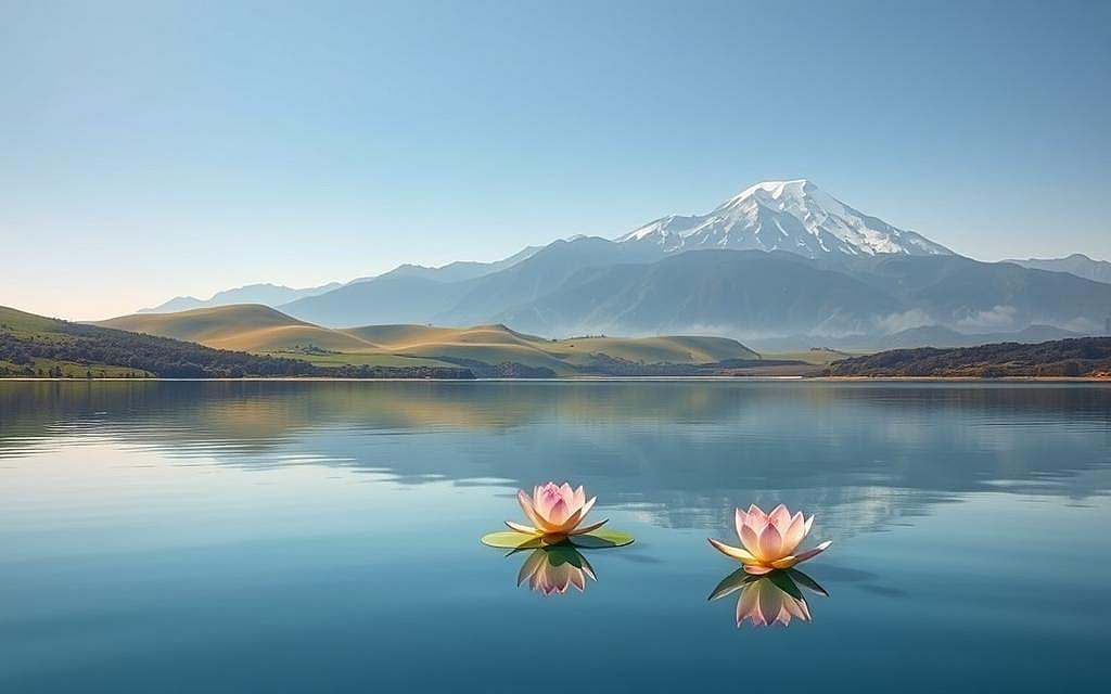 A serene, expansive landscape depicting the beauty and profundity of the present moment. In the foreground, a tranquil lake reflects the clear, cloudless sky above, creating a sense of unity and wholeness. Floating upon the still waters, a single lotus flower blooms, its delicate petals unfurling with grace and elegance. The middle ground features lush, verdant hills rolling into the distance, bathed in warm, golden light that radiates a sense of inner peace and spiritual transcendence. In the background, majestic, snow-capped peaks rise up, their towering presence evoking a sense of awe and reverence for the grandeur of the natural world. The scene is imbued with a serene, contemplative atmosphere, inviting the viewer to pause, breathe, and fully inhabit the present moment, tapping into a heightened state of consciousness and inner harmony.