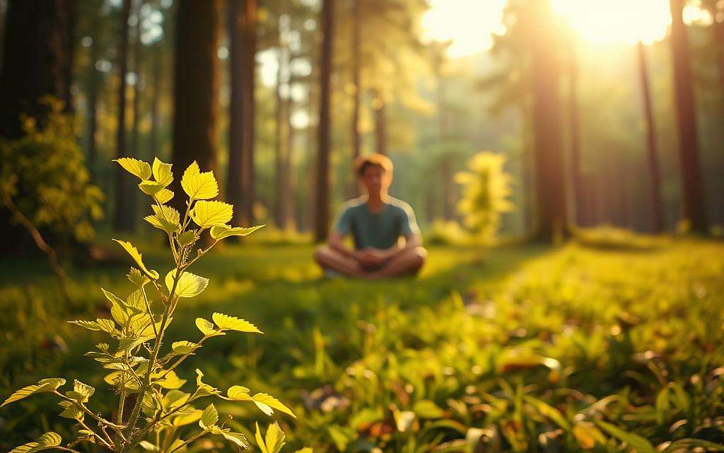 A serene forest clearing bathed in soft, golden sunlight. In the foreground, a vibrant, otherworldly plant with delicate, glowing green leaves and an aura of mysticism emanates a palpable energy. In the middle ground, a person sits cross-legged, eyes closed, hands resting gently on their lap, as if in deep, meditative communion with the plant. The background is a lush, verdant landscape, with towering trees and a sense of tranquility and healing. The overall scene conveys a sense of profound, psychosomatic connection between the plant, the individual, and the natural world, evoking the restorative power of the "Lebenselixier528."