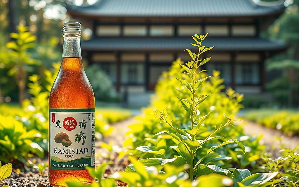 A serene herbal garden in the morning light, lush with vibrant medicinal plants. In the foreground, the iconic Kamistad bottle stands prominently, its label showcasing traditional healing symbols. In the middle ground, a row of healthy, thriving plants reaches towards the sun, their leaves rustling gently. The background features a traditional Japanese-style building, its elegant architecture blending seamlessly with the natural surroundings. Soft, diffused lighting bathes the scene, creating a sense of timeless tranquility and the fusion of ancient wisdom with modern science.