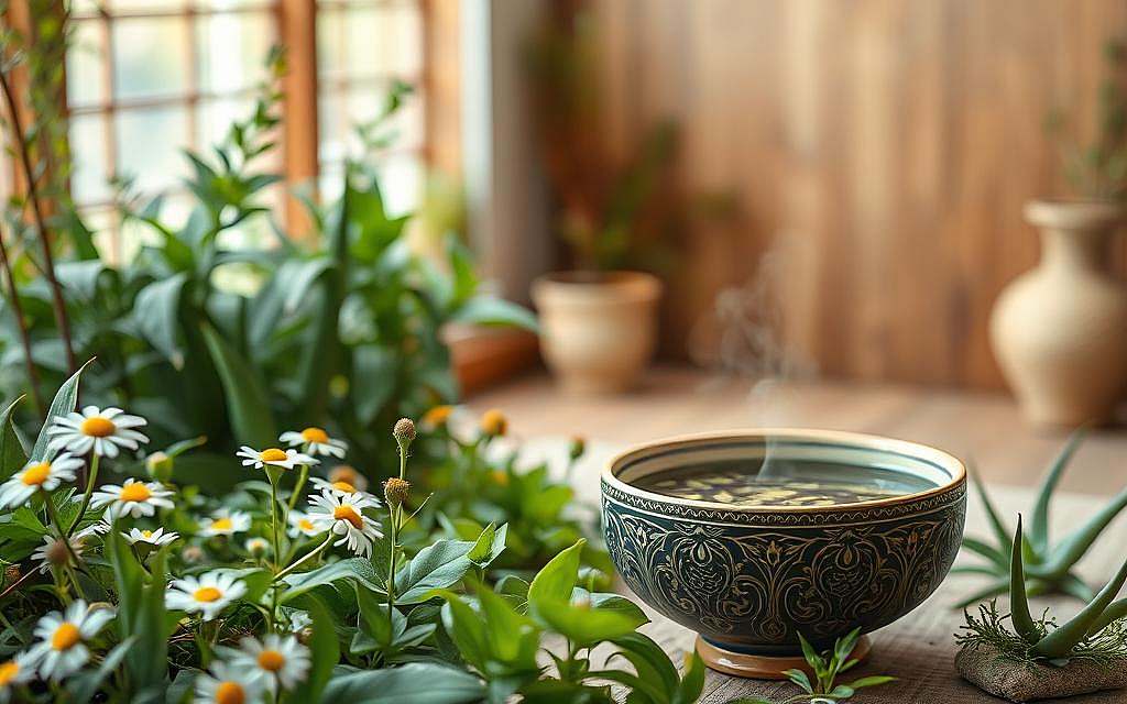 A serene herbal garden with lush, vibrant foliage and soothing natural hues. In the foreground, a variety of medicinal plants including chamomile, echinacea, and aloe vera are displayed. Soft, diffused lighting creates a calming atmosphere. In the middle ground, an ornate ceramic bowl filled with a herbal infusion, emitting gentle steam. The background features a minimalist, zen-inspired interior with warm wooden tones and muted textures, conveying a sense of holistic wellness and natural remedies. The overall composition evokes a feeling of balance, tranquility, and the restorative power of alternative medicine.
