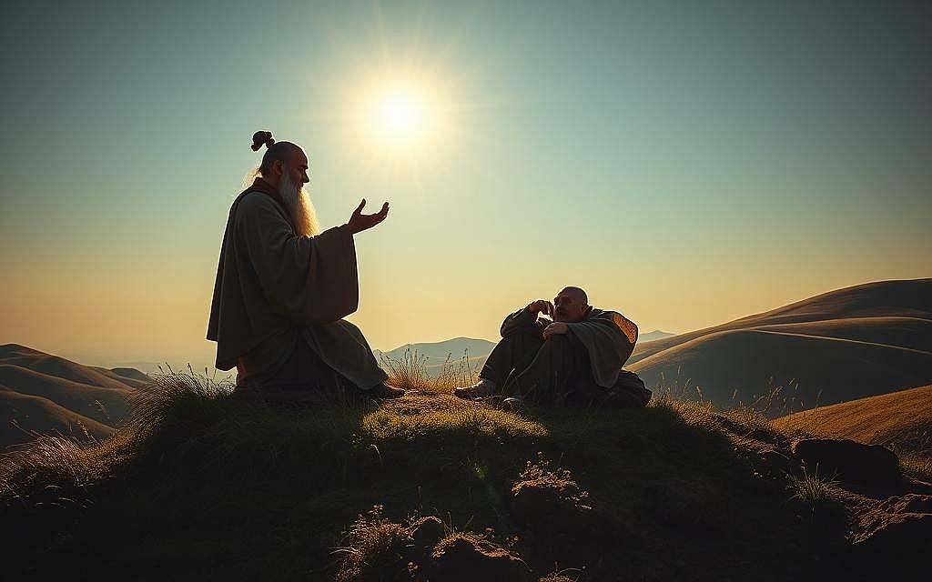 A serene hilltop, the sun's golden rays casting a warm glow upon two ancient philosophers, Konfuzius and Laozi, engaged in deep discussion. Konfuzius, in his flowing robes, gestures thoughtfully, while Laozi, with a serene expression, listens intently. The lush, rolling landscape serves as a tranquil backdrop, suggesting the contemplative nature of their exchange. The scene is captured through a medium-wide lens, allowing the viewer to feel present in the moment, yet maintaining a sense of reverence and respect for the wisdom shared between these two influential thinkers.