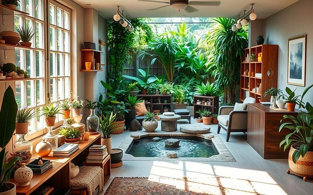 A serene, holistic medical practice with a warm, inviting atmosphere. In the foreground, a cozy consultation room with natural light filtering through large windows, showcasing an array of medicinal herbs, crystals, and wellness accessories. In the middle ground, a reception area with a soothing water feature and comfortable seating. In the background, a lush, verdant garden with diverse flora, creating a calming, restorative environment. The lighting is soft and diffused, evoking a sense of tranquility. The overall mood is one of balance, harmony, and a holistic approach to health and well-being.