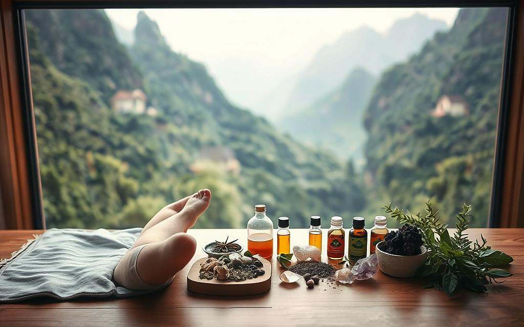 A serene, holistic scene depicting alternative healing modalities in the field of nutritional medicine. In the foreground, a person sits cross-legged on a meditation cushion, performing a gentle yoga pose. In the middle ground, various herbs, crystals, and aromatic oils are neatly arranged on a wooden table, symbolizing the use of natural remedies. The background features a lush, verdant landscape with towering mountains, hinting at the connection between the human body and the natural world. The lighting is soft and diffused, creating a calming, contemplative atmosphere. The overall composition conveys a sense of balance, harmony, and the integration of mind, body, and spirit in the pursuit of holistic health.