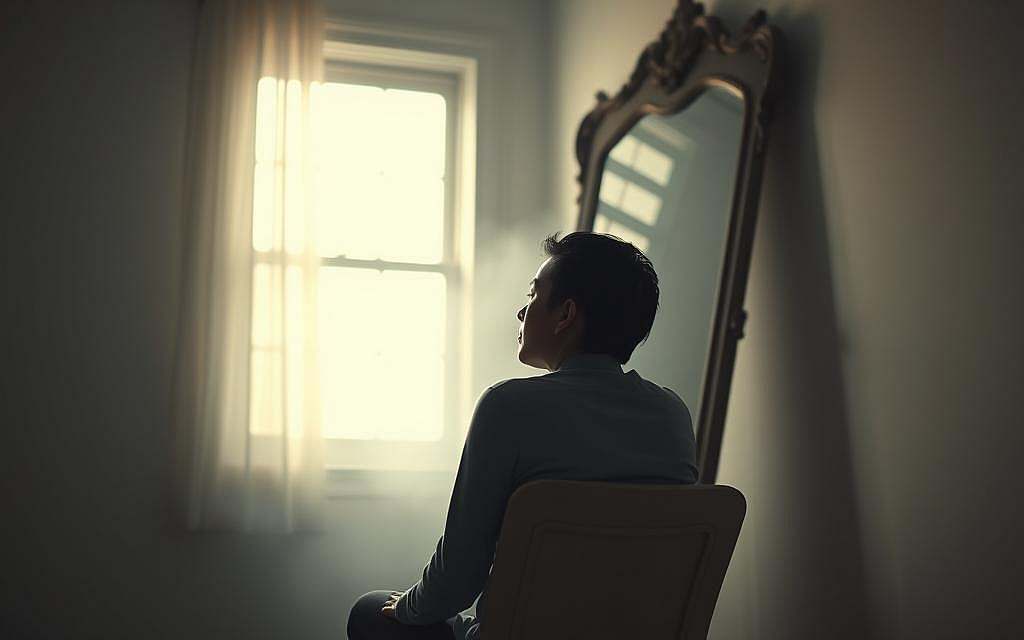 A serene, introspective portrait of a person's inner reflections on their sense of self. The subject sits in a dimly lit, minimalist room, gazing pensively into a large, ornate mirror. Soft, diffused lighting from a single window casts a warm, contemplative glow, creating an atmosphere of quiet contemplation. The subject's expression is one of quiet introspection, as they ponder the disconnect between their external persona and their deeper, more authentic self. The background is hazy and out of focus, drawing the viewer's attention to the subject's internal journey of self-discovery. Subtle, ethereal details suggest the ephemeral nature of self-perception.