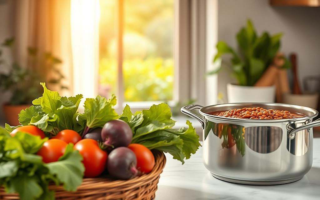 A serene kitchen scene with a vibrant selection of iron-rich foods prominently displayed. In the foreground, a basket overflows with leafy greens, juicy red tomatoes, and earthy beets. In the middle ground, a gleaming metal pot simmers with a hearty lentil stew, its aroma wafting through the space. The background features a window overlooking a lush garden, bathed in warm, golden sunlight filtering through sheer curtains. The overall mood is one of nourishment, health, and a mindful approach to dietary choices that support optimal iron absorption.