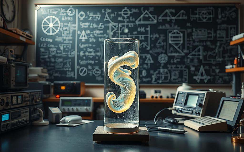 A serene laboratory setting, with a central glass apparatus filled with a swirling, iridescent liquid. Surrounding it, an array of scientific instruments, from oscilloscopes to holographic projectors, casting an ethereal glow. In the background, a towering blackboard covered in complex mathematical equations and diagrams, hinting at the profound theoretical underpinnings of consciousness. The atmosphere is one of contemplative focus, where the boundaries between the physical and the metaphysical seem to blur. Soft, directional lighting illuminates the scene, evoking a sense of scientific discovery and the pursuit of universal truths. The composition is balanced, with a harmonious interplay of form, color, and depth, inviting the viewer to ponder the mysteries of the mind and the nature of reality.