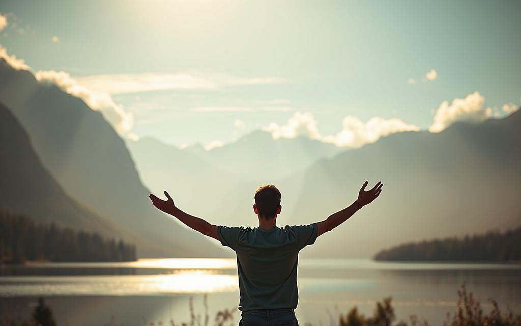 A serene landscape bathed in soft, warm light. In the foreground, a person stands with arms outstretched, palms facing the sky, as if letting go of burdens. The middle ground features a tranquil lake reflecting the sky, symbolizing the calm after releasing anxieties. In the background, towering mountains rise, their peaks shrouded in wispy clouds, evoking a sense of vastness and perspective. The overall atmosphere is one of contemplation, release, and the empowering journey of overcoming fears.