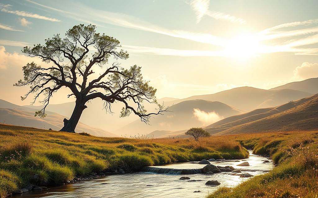 A serene landscape of natural elements symbolizing the essence of Heraklitean philosophy. In the foreground, a tranquil stream flows steadily, its waters reflecting the sky above. In the middle ground, a gnarled tree stands, its twisting branches evoking the constant flux of nature. The background features rolling hills, their gentle slopes blanketed in lush greenery. Warm, diffused sunlight filters through wispy clouds, casting a soft, contemplative glow over the scene. The overall composition conveys a sense of balance, interconnectedness, and the eternal dance of change inherent in Heraklits vision of the world.