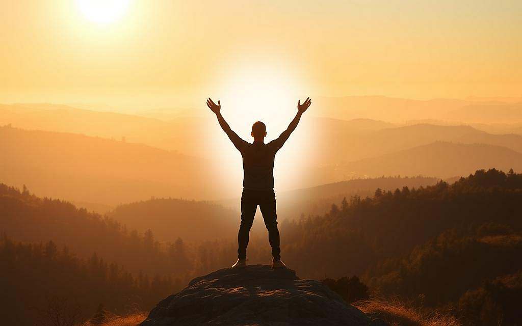 A serene landscape of rolling hills and lush forests, bathed in warm, golden light from the setting sun. In the foreground, a solitary figure stands atop a rocky outcrop, silhouetted against the sky. Their arms are raised, palms open, as if in a gesture of acceptance and surrender. The figure's form appears to be shifting and morphing, their edges blurring and merging with the surrounding environment, symbolizing a profound transformation. In the middle ground, a shimmering, ethereal portal opens, emanating a soft, ethereal glow that beckons the viewer to transcend the physical realm. The background fades into a hazy, dreamlike realm, suggesting a sense of limitless possibility and the exploration of the unknown.