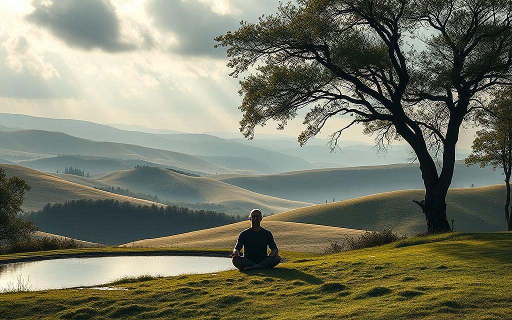 A serene landscape of rolling hills, with a tranquil pond reflecting the clouded sky. In the foreground, a figure sits cross-legged in meditation, their face peaceful and focused. Soft light filters through the trees, casting gentle shadows and creating an atmosphere of contemplation. The background features a distant horizon, hazy and indistinct, representing the boundless depths of the mind. Textures are defined but not overly detailed, allowing the viewer to immerse themselves in the scene. The overall mood is one of stillness, introspection, and the harmonious interplay between mindfulness and the vastness of the inner self.