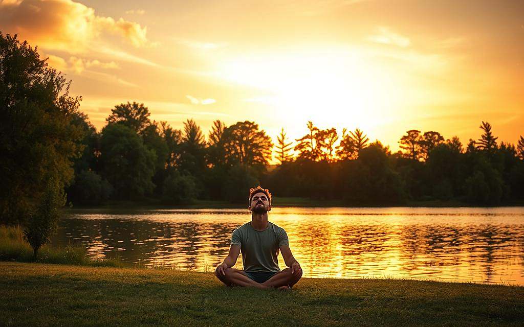 A serene landscape under a warm, golden sunset. In the foreground, a person sits cross-legged, eyes closed, radiating a sense of inner peace and tranquility. Soft, wispy clouds dot the sky, lending an ethereal, dreamlike quality. In the middle ground, a tranquil lake reflects the glowing hues of the fading light, symbolizing the process of emotional release and cleansing. Tall, verdant trees line the shore, their branches gently swaying, creating a feeling of harmony and connection with nature. The overall atmosphere is one of profound calm, introspection, and a profound sense of liberation from the burdens of the past, conveying the essence of "Vergebung und emotionale Befreiung".