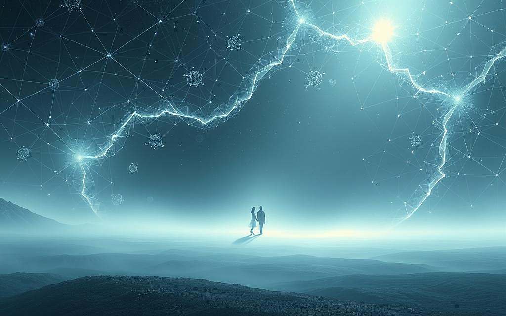 A serene landscape where the boundaries between past, present, and future blur. Shimmering light filters through a fractal web of interconnected timelines, casting ethereal shadows that dance across a dreamlike terrain. In the distance, two figures, one light and one dark, stand in a moment of perfect synchronicity, their movements mirroring each other in a silent, cosmic dance. The air is thick with a palpable sense of tension, hinting at the hidden currents of cause and effect that govern the universe. The scene is imbued with a sense of tranquility and unease, inviting the viewer to ponder the nature of reality and their own place within it.