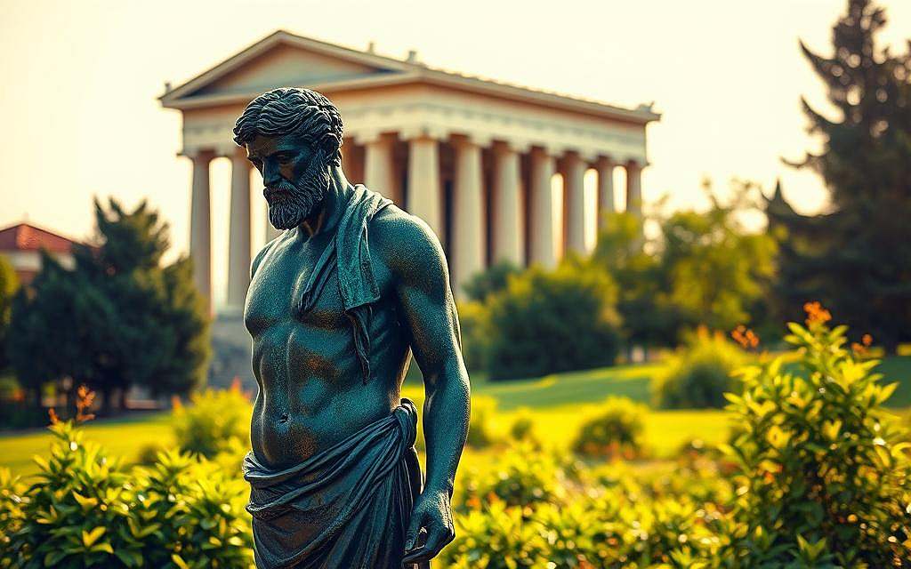 A serene landscape with a striking bronze statue of a contemplative figure, symbolizing Stoic cosmopolitanism. The statue stands in a lush, verdant garden, its weathered surface glimmering under warm, diffused sunlight. In the background, a majestic temple with classical columns evokes the grandeur of Greco-Roman philosophy. The scene exudes a sense of tranquility and timelessness, inviting the viewer to reflect on the universal principles of Stoicism and their enduring relevance for society.