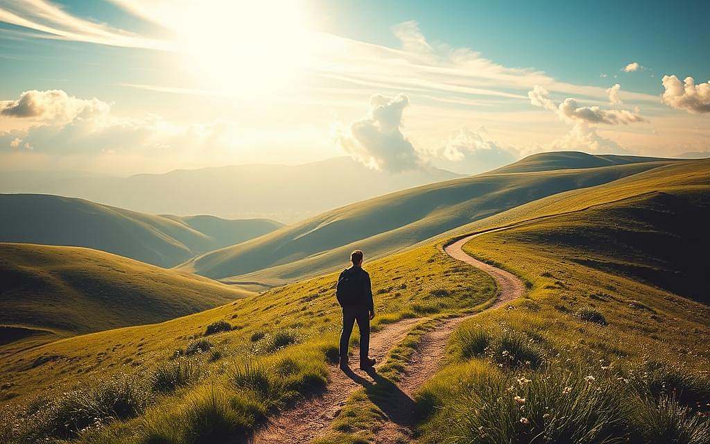 A serene landscape with a winding path leading through lush, verdant hills. The path is illuminated by warm, golden sunlight filtering through wispy clouds, casting a sense of clarity and focus. In the foreground, a lone traveler stands with purpose, their gaze fixed on the horizon, embodying resilience and adaptability. The background features rolling meadows dotted with wildflowers, suggesting the flexibility to navigate unexpected challenges. The overall scene conveys a harmonious balance between the clarity of one's goals and the adaptability to embrace the journey's twists and turns.