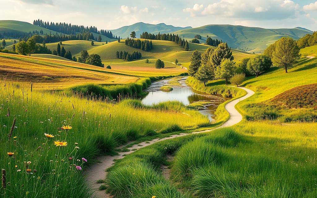 A serene landscape with a winding path leading to a flourishing garden, symbolizing the way out of crisis. In the foreground, a lush meadow with vibrant wildflowers sways gently in the breeze. The middle ground features a tranquil stream, its clear waters reflecting the surrounding greenery. In the background, rolling hills dotted with verdant trees create a sense of depth and harmony. Warm, natural lighting casts a soft, hopeful glow across the scene, hinting at the lessons and opportunities that can be gleaned from the challenges faced in Universum25. The composition encourages a contemplative, rejuvenating atmosphere, inviting the viewer to explore the potential for renewal and growth.