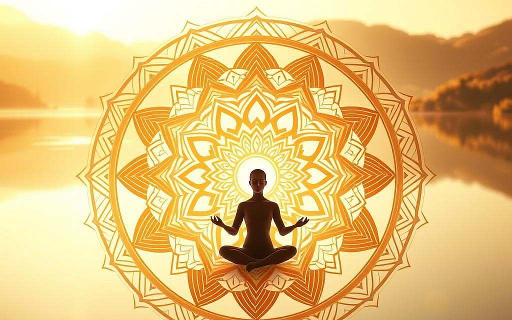A serene, mandala-inspired meditation scene. In the foreground, a central lotus flower radiates outward with intricate, symmetrical petals, illuminated by a warm, golden light. Surrounding it, concentric circles of abstract geometric patterns in earthy, soothing tones create a sense of balance and focus. The middle ground features a figure seated in a cross-legged lotus position, eyes closed in deep contemplation, their silhouette shrouded in a hazy, ethereal mist. In the background, a softly blurred landscape of rolling hills and a tranquil lake reflects the mandala's design, creating a cohesive, harmonious composition. The overall atmosphere exudes a sense of inner peace, spiritual enlightenment, and a connection to the divine.