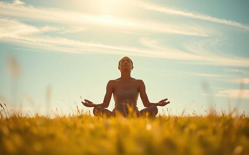 A serene meadow bathed in soft, golden sunlight. In the foreground, a single figure sits cross-legged, their eyes closed in deep contemplation. An aura of tranquility emanates from their presence, conveying a sense of perfect stillness and inner peace. The background is blurred, allowing the viewer to focus solely on this embodiment of Präsenz im Jetzt - the power of being fully present in the moment. Wispy clouds drift across a cerulean sky, mirroring the calm, unhurried flow of the scene. The composition is balanced, with the figure at the visual center, radiating a sense of harmony and interconnectedness with the natural world surrounding them.