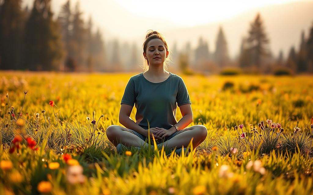 A serene meadow with lush green grass and colorful wildflowers, bathed in warm, golden sunlight. In the foreground, a person sitting cross-legged, eyes closed, palms gently resting on their knees. A sense of peaceful introspection and self-acceptance radiates from their expression. In the middle ground, a soft, misty background with silhouettes of trees and mountains, evoking a sense of tranquility and emotional release. The overall mood is one of contentment, self-love, and the letting go of burdens. Captured with a wide-angle lens and a shallow depth of field, creating a dreamlike, atmospheric composition.