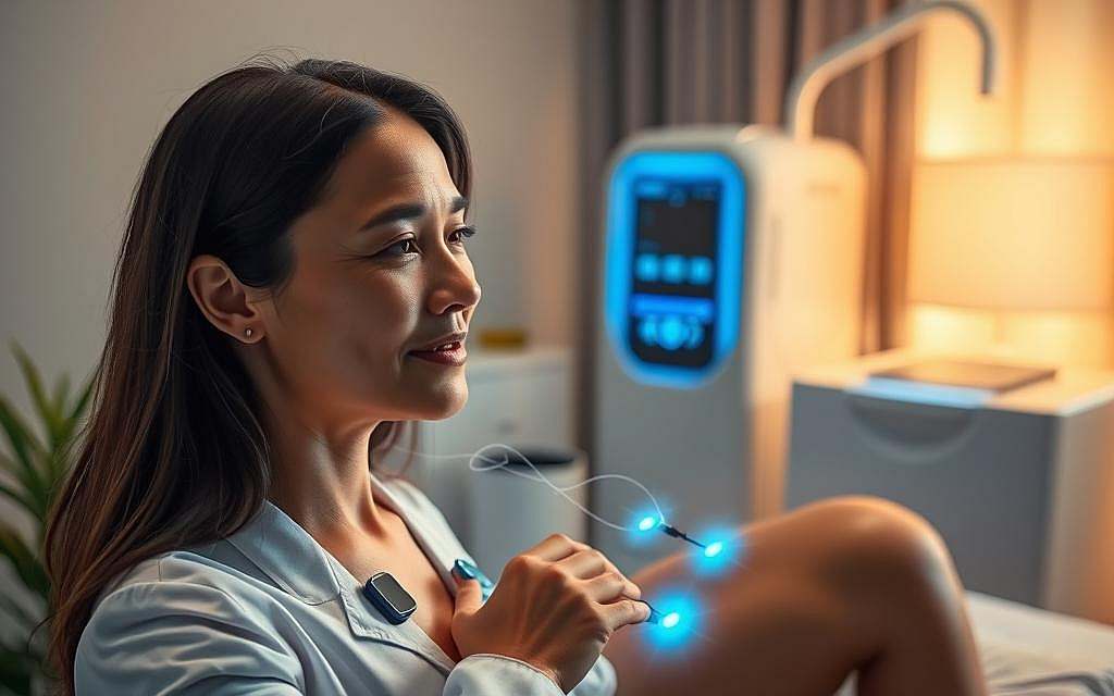 A serene medical office setting with a patient undergoing bioresonance therapy. Soft, warm lighting illuminates the scene, casting a soothing glow. In the foreground, a practitioner gently applies electrodes to the patient's body, their face radiating calm and focus. Subtle, abstract energy fields are visible, visualizing the flow of frequencies through the patient's system. In the background, state-of-the-art bioresonance equipment stands ready, its sleek design and gentle blue hues complementing the overall tranquil atmosphere. The patient's expression is one of relief and renewed vitality, reflecting the positive outcomes of this holistic healing modality.