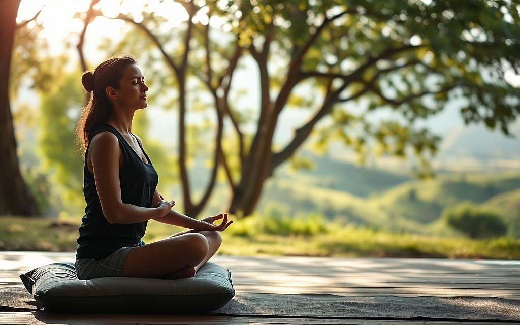 A serene meditation space in a tranquil natural setting. In the foreground, a person sits cross-legged on a cushion, their eyes closed and expression peaceful, hands resting gently in their lap. Soft, natural lighting filters through the trees in the middleground, casting a warm, diffused glow. In the background, a lush, verdant landscape with rolling hills and a distant horizon line. A sense of stillness, focus, and inner awareness pervades the scene. The overall mood is one of contemplation, introspection, and connection with the present moment.