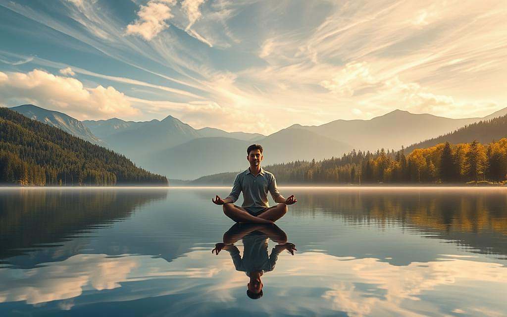 A serene, meditative landscape depicting the "Flow-Zustand". In the foreground, a tranquil lake reflects the sky and surrounding mountains, creating a sense of balance and unity. Wispy clouds drift overhead, illuminated by soft, diffused lighting that casts a warm, golden glow. In the middle ground, a lone figure sits in a lotus position, their eyes closed in deep concentration, embodying the experience of effortless focus and present-moment awareness. The background features a verdant, lush forest, its trees swaying gently in a light breeze, symbolizing the harmonious integration of self and environment. The composition conveys a sense of harmony, inner peace, and the flow-state as a natural, meditative path towards the realization of one's true potential.