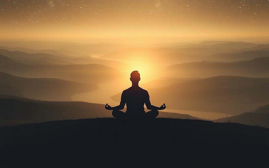 A serene, meditative landscape depicting the universality of spiritual presence. In the foreground, a lone figure sits in lotus position, their face illuminated by a warm, soft light. The background features a vast, ethereal expanse - perhaps a gently flowing river, rolling hills, or a starry night sky - symbolizing the boundless, timeless nature of consciousness. The overall atmosphere is one of stillness, contemplation, and the interconnectedness of all things. Muted, earthy tones predominate, creating a sense of timelessness and the sacred. The composition is balanced, with the central figure grounding the viewer in the present moment, inviting them to experience the profound power of presence.