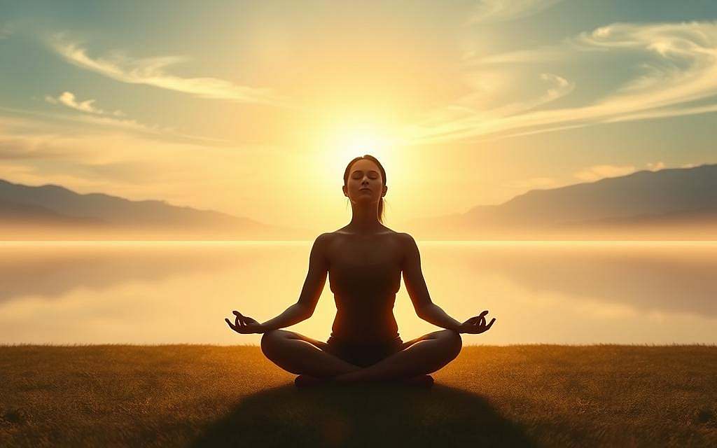 A serene, meditative landscape with a glowing, ethereal quality. In the foreground, a person sits in a lotus position, their eyes closed, exuding a sense of inner peace and tranquility. The figure is bathed in a soft, diffused light, creating an aura of contemplation and spiritual release. The middle ground features a tranquil lake or pond, the surface reflecting the sky above, creating a sense of mirrored symmetry and balance. In the background, a mountainous horizon with wispy clouds, suggesting a vast, expansive realm beyond the immediate scene. The overall atmosphere evokes a profound sense of letting go, a transformative journey inward, and a connection to the natural world.