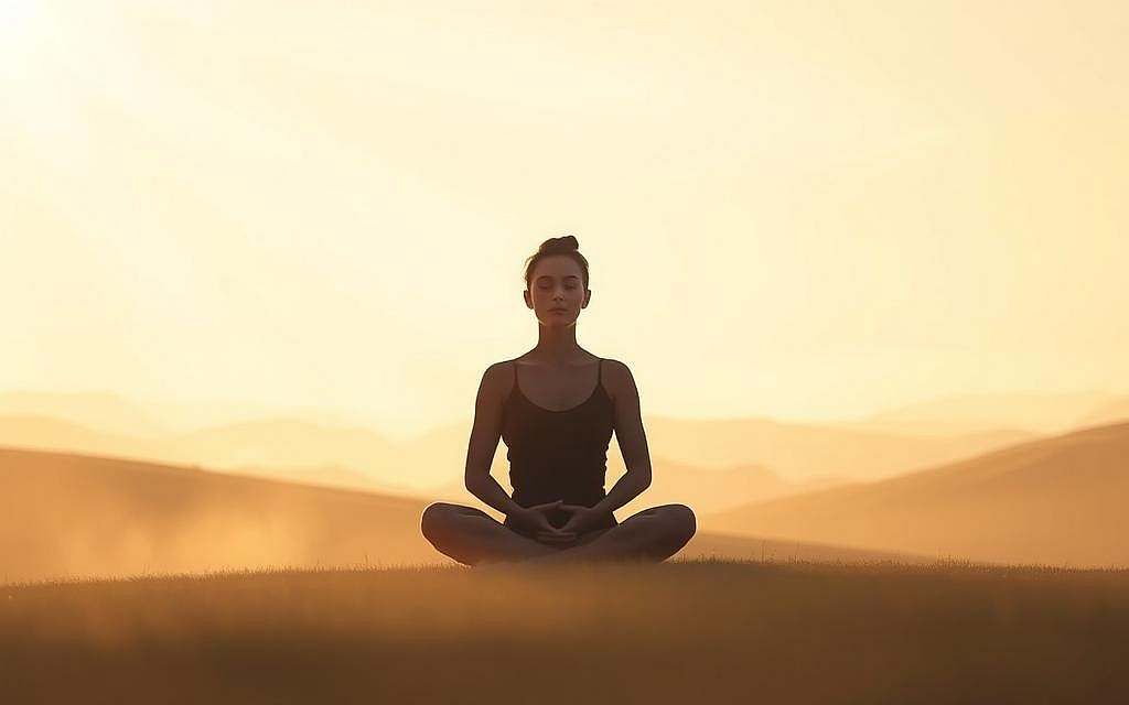 A serene, meditative scene set against a soft, hazy background. In the foreground, a person sits cross-legged, their eyes closed, hands resting gently on their lap. Rays of warm, diffused light filter through the mist, casting a peaceful glow on the figure. The middle ground features a tranquil, minimalist landscape - rolling hills, a distant horizon, and a sense of openness and space. In the background, delicate wisps of cloud drift across a pale, ethereal sky. The overall atmosphere conveys a process of letting go, introspection, and finding inner calm.