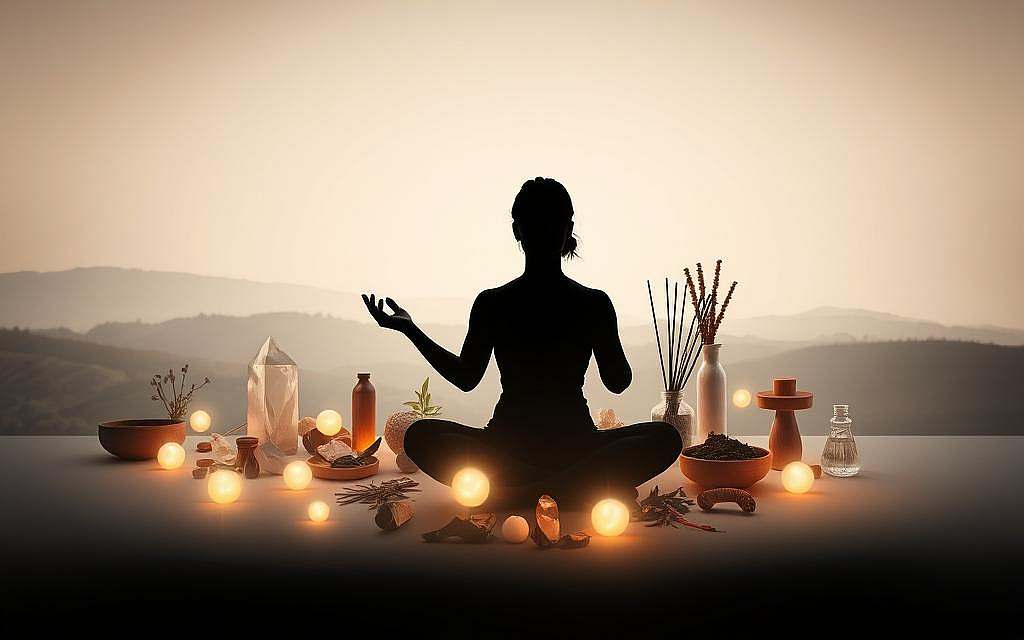 A serene, minimalist composition showcasing various complementary medicine practices. In the foreground, the silhouette of a person in a meditative pose, surrounded by soft, glowing orbs representing energy forces. The middle ground features an array of natural elements such as crystals, herbs, and incense, arranged in a harmonious display. The background subtly fades into a calming, ethereal landscape, with muted colors and a sense of tranquility. The overall atmosphere conveys a balance of science and spirituality, with a focus on holistic healing. Soft, diffused lighting creates a warm, inviting ambiance, inviting the viewer to explore the intersection of conventional and alternative medical approaches.