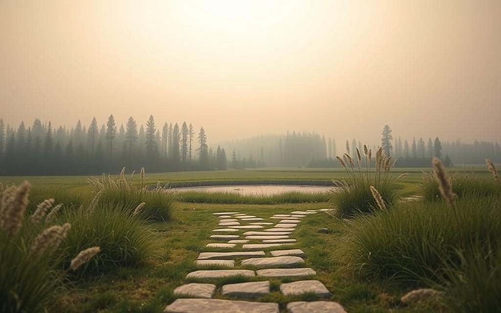 A serene, minimalist landscape depicting the concept of "achtsamkeit" (mindfulness). In the foreground, a simple stone path leads through a tranquil garden, lined with delicate, flowing grasses. The middle ground features a small, still pond reflecting the natural surroundings. In the background, a distant forest of tall, slender trees stretches towards a soft, hazy sky, bathed in a warm, diffused light. The overall scene conveys a sense of peaceful contemplation, inviting the viewer to pause and be present in the moment, free from the constant chatter of the mind.