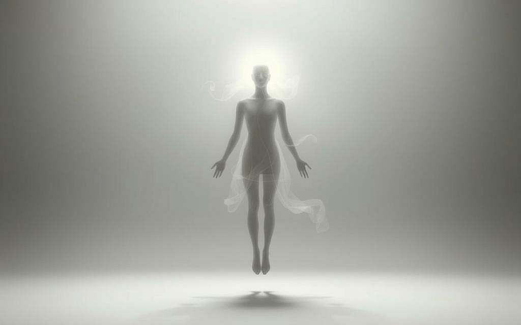 A serene, minimalist portrait of the inner observer, transcending the confines of identity and thought. Against a muted, ethereal backdrop, a luminous, faceless figure appears to levitate, their form shrouded in wisps of light and shadow. The scene radiates a sense of tranquility and contemplation, inviting the viewer to look beyond the surface of the self and explore the depths of conscious awareness. Soft, diffused lighting casts a gentle glow, evoking a sense of timelessness and spiritual introspection. The overall composition is balanced and harmonious, guiding the eye towards the central, meditative presence.