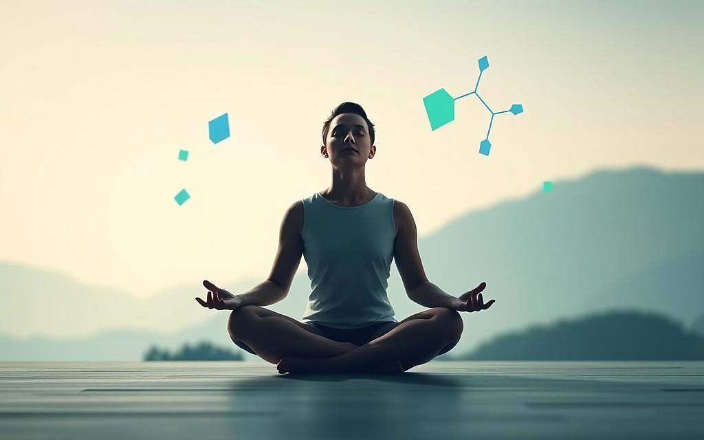 A serene, minimalist scene depicting the calming effects of glycine on the mind and body. In the foreground, a person sits in a lotus position, hands resting gently on their lap, eyes closed in deep meditation. Soft, diffused lighting bathes the scene, creating a sense of tranquility. In the middle ground, simple yet elegant geometric shapes in soothing tones of blue and green float, symbolizing the biochemical pathways through which glycine reduces stress and promotes mental well-being. The background features a natural landscape, perhaps a mountainous vista or a serene body of water, conveying a sense of harmony and balance. The overall mood is one of peaceful introspection and holistic wellness.
