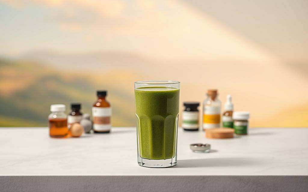 A serene, minimalist scene depicting the holistic interplay between autophagy and alternative healing modalities. In the foreground, a simple yet elegant glass container filled with a vibrant green smoothie, symbolizing the nourishment of cellular renewal. The middle ground features an arrangement of natural remedies and supplements, carefully curated to complement the autophagy process. In the background, a peaceful landscape with rolling hills and a softly-lit, warm sky, conveying a sense of balance and harmony. The lighting is natural and diffused, casting a gentle glow across the scene. The angle is slightly elevated, allowing the viewer to take in the full composition. The overall mood is one of tranquility, wellness, and the holistic integration of alternative approaches to support the body's innate capacity for self-healing.