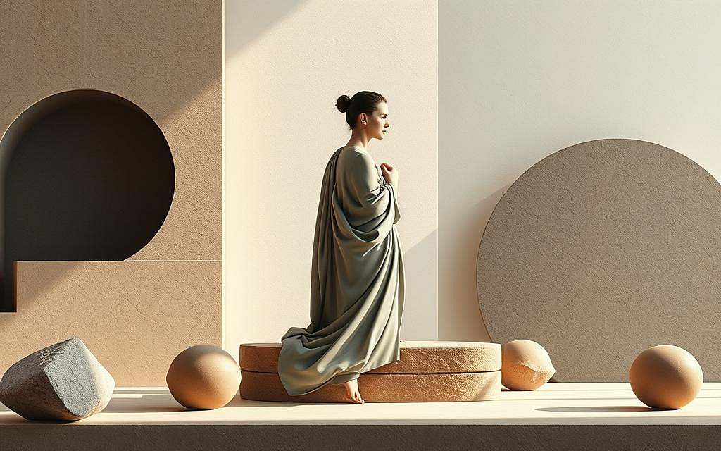A serene modern interpretation of Stoic philosophy, depicted through a contemplative figure amidst a harmonious blend of geometric shapes and organic textures. The scene exudes a sense of tranquility, with soft, diffused lighting casting gentle shadows that accentuate the subject's poise and introspection. The background features a minimal, yet visually compelling composition of muted tones and clean lines, creating a balanced and aesthetically pleasing visual narrative that resonates with the timeless wisdom of Stoicism.