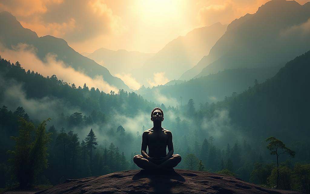 A serene, mystical landscape bathed in soft, diffused light. In the foreground, a figure sits cross-legged, their eyes closed in deep contemplation. An aura of tranquility surrounds them, radiating a sense of inner wisdom and connection to the higher realms. The middle ground features a lush, verdant forest with swirling mists, hinting at the unseen forces of the natural world. In the background, towering mountains rise, their peaks shrouded in a veil of mystery. The overall atmosphere evokes a sense of intuitive understanding, spiritual awakening, and the expansion of one's perceptual boundaries.
