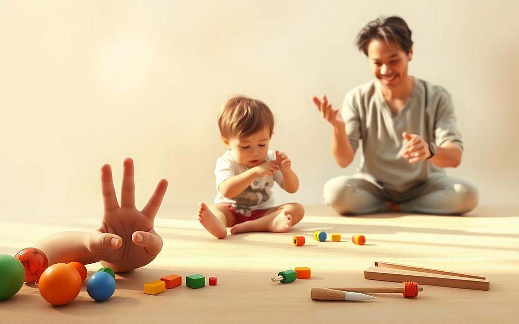 A serene, naturalistic scene depicting the developmental stages of handedness. In the foreground, a young child's hands playfully exploring toys, showcasing the emergence of hand preference. In the middle ground, a school-aged child engaged in a manual task, highlighting the progressive lateralization of motor skills. In the background, an adult figure gesturing with confident, intentional movements, symbolizing the refined, specialized hand-brain coordination of adulthood. Soft, warm lighting illuminates the scene, creating a sense of growth and maturation. Rendered in a realistic, painterly style that emphasizes the organic, biological nature of the handedness phenomenon.