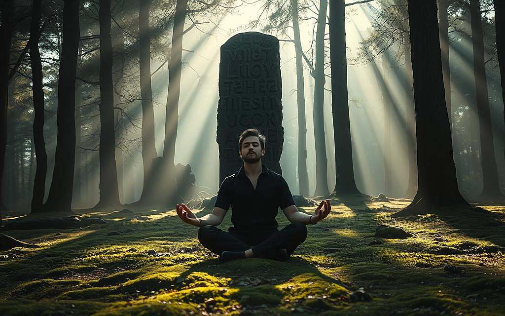 A serene Nordic forest, bathed in soft, mystical light. In the foreground, a lone figure sits in deep meditation, palms upturned, surrounded by a scattering of ancient runes. Shadows of ancient trees stretch across the mossy ground, creating a sense of timelessness. The air is charged with spiritual energy, as if the very earth is pulsing with an ancient, primal rhythm. The figure's face is in deep contemplation, eyes closed, expression serene. Behind them, a faint outline of a towering, weathered rune stone stands sentinel, its intricate carvings glowing with an otherworldly luminescence. The overall atmosphere evokes a profound connection to the mysteries of the Norse world, a sacred ritual unfolding in the heart of a timeless, sacred woodland.