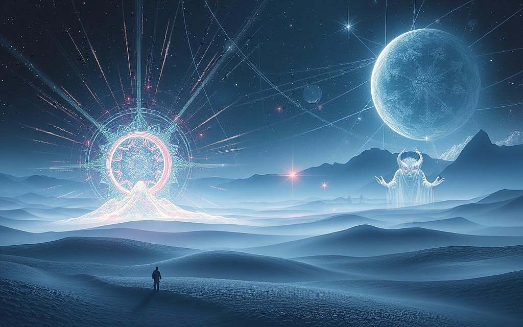 A serene, otherworldly landscape unfolds, where the boundaries between quantum realms and parallel universes blur. In the foreground, a shimmering portal opens, revealing a kaleidoscope of shifting patterns and vibrant colors, hinting at the multiversal nature of reality. The middle ground features glowing energy fields and holographic structures, as if the fabric of spacetime is being manipulated by unseen forces. In the distance, celestial bodies and ghostly silhouettes suggest the interconnectedness of all things, a cosmic dance of entropy and order. Muted tones of blue, purple, and silver lend an atmosphere of mystery and contemplation, inviting the viewer to ponder the mysteries of quantum physics and the hidden dimensions of our existence.